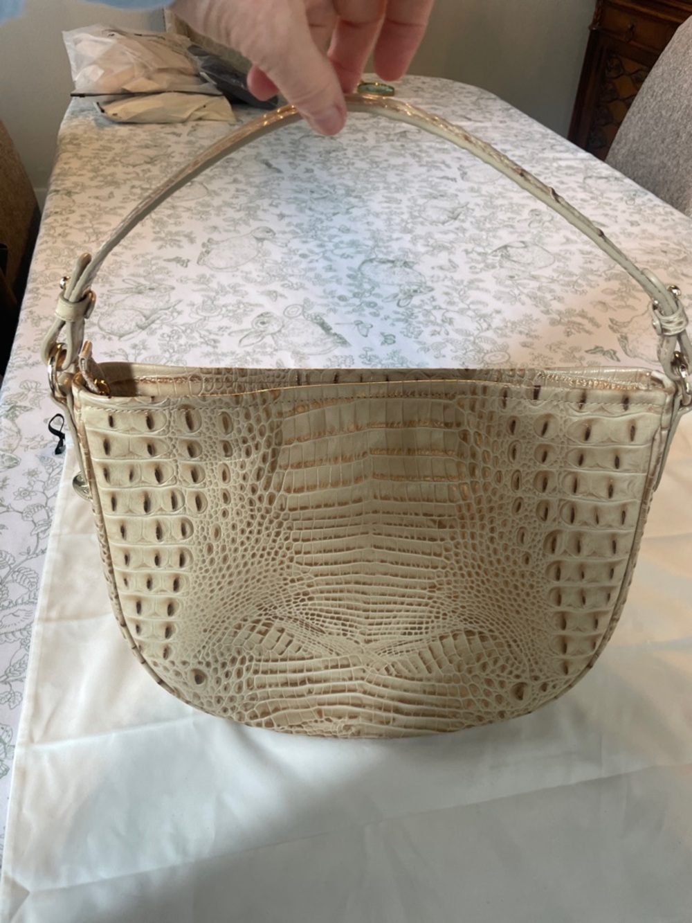 Brahmin Cream Croc-Embossed Shoulder Bag with Gold Accents - Picture 13 of 16